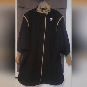 Vintage Union Made Women's Black Wool Jacket/Coat Tan Leather Trim/Pockets Sz XL